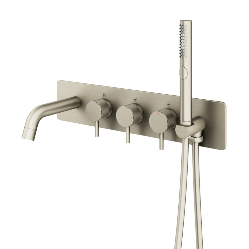 Product Cut out image of the Abacus Iso Pro Brushed Nickel Wall Mounted 5 Tap Hole Bath Shower Mixer